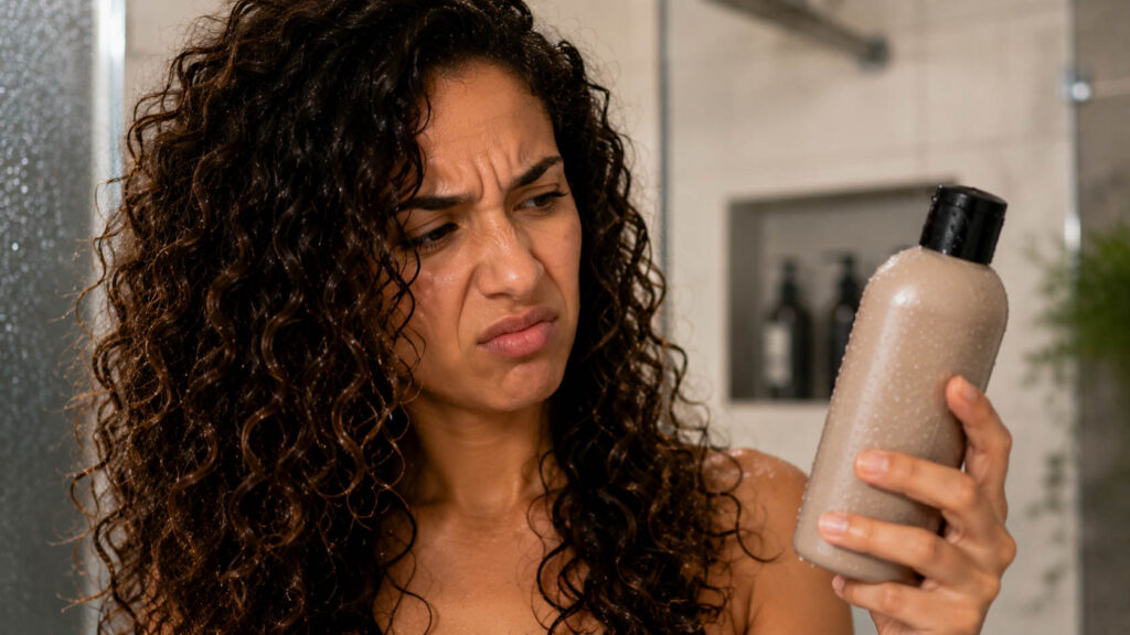 Mujer sosteniendo un shampoo y preguntándose por qué dejó de funcionar